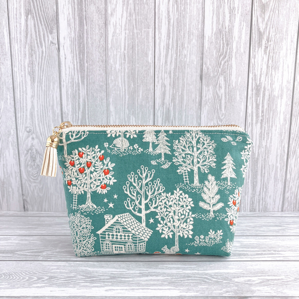 北欧の秋の森 ブルーグリーン ポーチ 16㎝ファスナー 母の日/北欧  