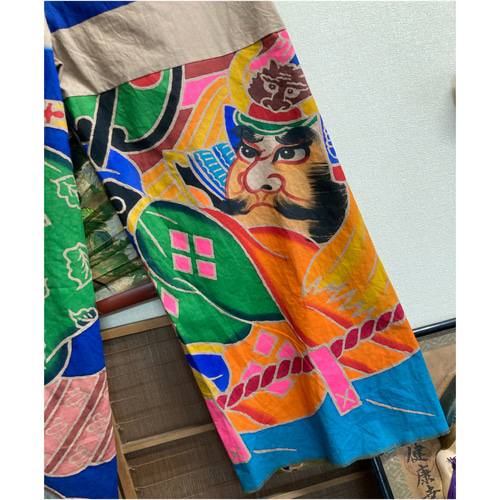 のぼり旗(武者柄)の柿渋染めパンツ 古布リメイク ロングパンツ のぼり旗(武者柄)の柿渋染めパンツ 古布リメイク ロングパンツ
