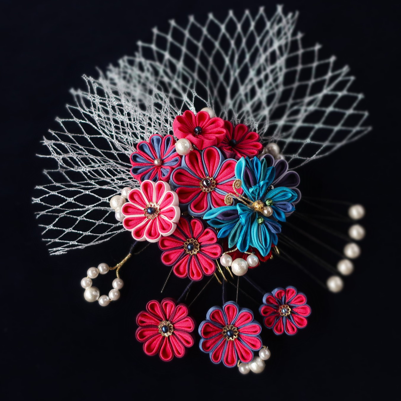 つまみ細工 髪飾り【La fiamma】コーム　簪　かんざし　シルクsilk　結婚式髪飾り　成人式髪飾り　卒業式髪飾り