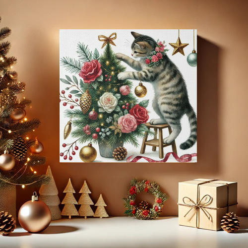 バラのクリスマスツリーを作る優しいお姉さんキジトラ猫ちゃん