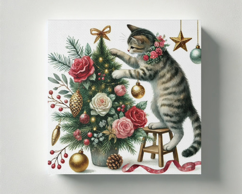 オーダーページ パネル 猫 クリスマス 9/12 バラのクリスマスツリーを作る優しいお姉さんキジトラ猫ちゃん