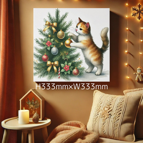 クリスマス♡ねこちゃん♡冬♡パネル♡ハンドメイド クリスマスツリーを作る茶トラ子猫ちゃん」 ～キャンバスパネル