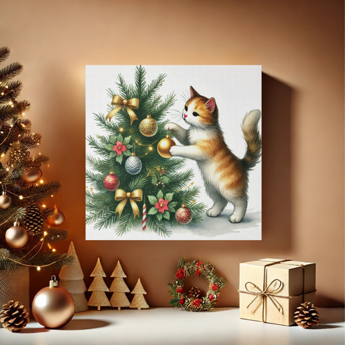絵画。原画【かわいい猫たちはきれいなクリスマスツリーを飾った】 原画 「クリスマスパーティーの夜」 F6号 ＃猫の絵＃クリスマス