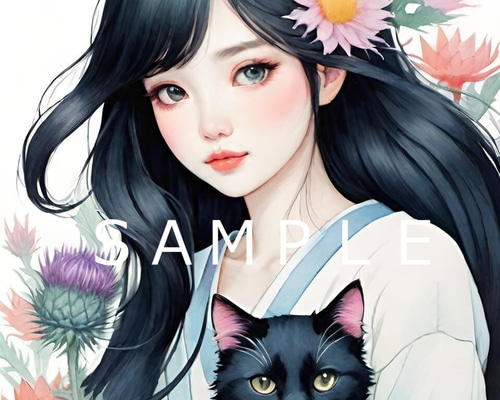 アザミの絵 少女と猫と薊(アザミ)の花(オリジナルイラスト)A4 №s-9031 絵画