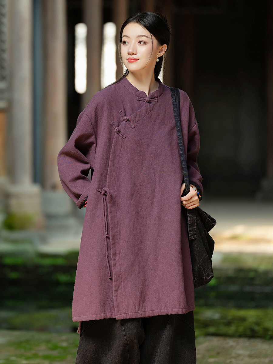 綿麻レディース 冬季新作 立領 盤ボタン 長袖 禅意風コート