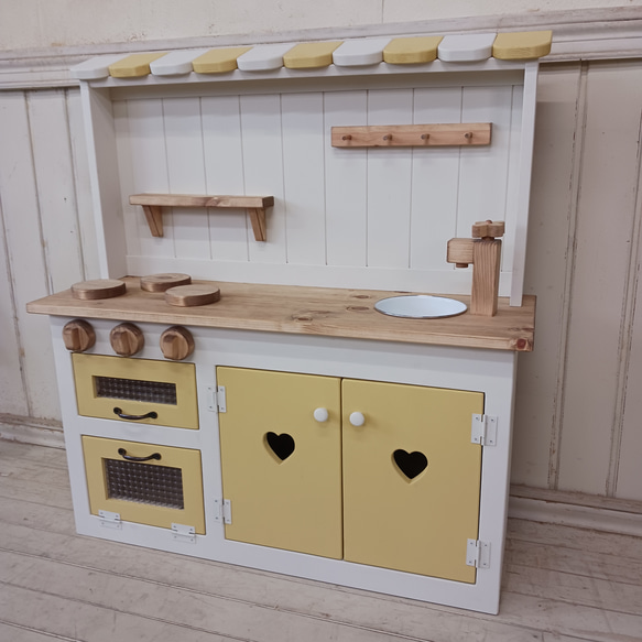 90 センチワイドタイプ おままごと キッチン 木製 チェッカーガラス扉