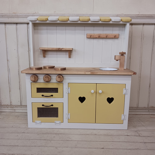 90 センチワイドタイプ おままごと キッチン 木製 チェッカーガラス扉