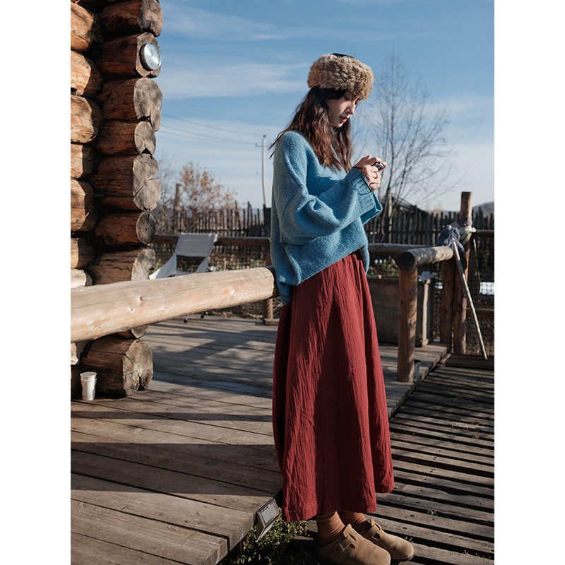 2024秋冬、厚め、赤いスカート、ゴムウエスト、半身スカート、カジュアルスカート、レディース