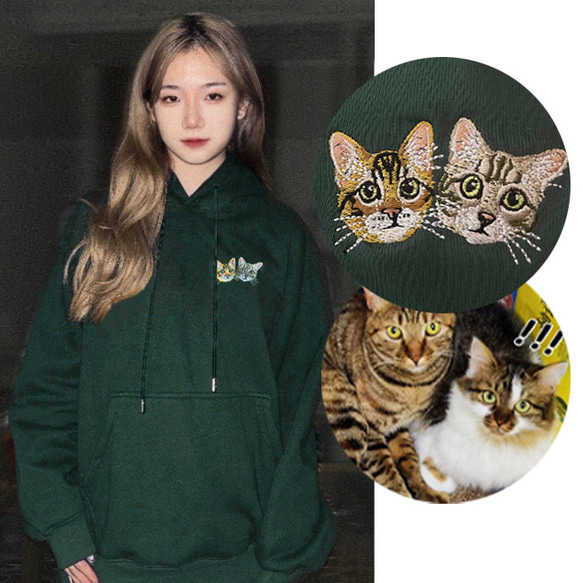 ペットの写真から作るスウェット　猫犬　オーダー　男女　クルートレーナー　パーカー　クラシック　うちの子刺繍入りフーディー 1枚目の画像