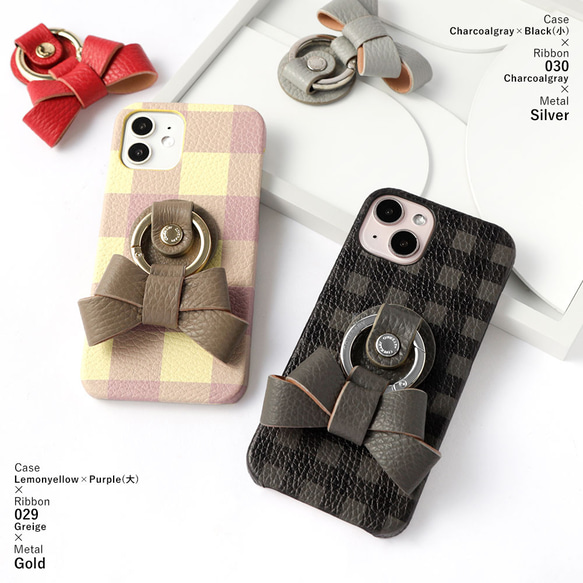 リボン チェック 本革 スマホケース かわいい 全機種 iPhone