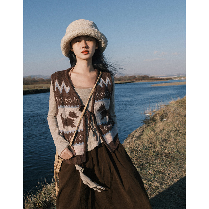 秋冬 ジャカードVネックニット ベストカーディガン 重ね着 ショート ノースリーブセーター、レディース