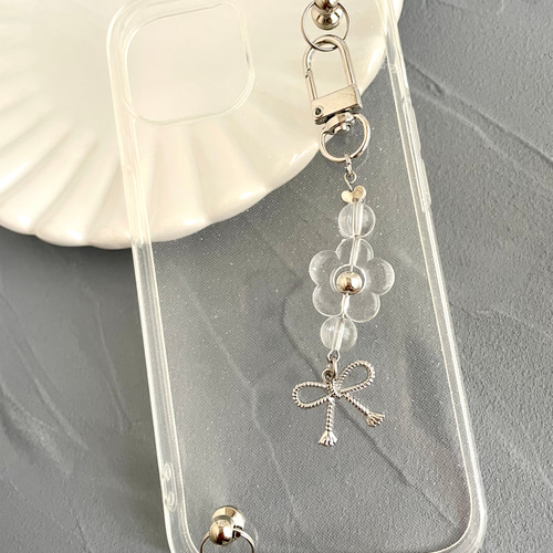 フラワー クリア ビーズ リボン シルバー チャーム キーリング