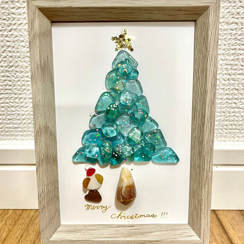 ☆シーグラスアート☆ No.54☆クリスマスツリーと犬 イラスト umitsubu  
