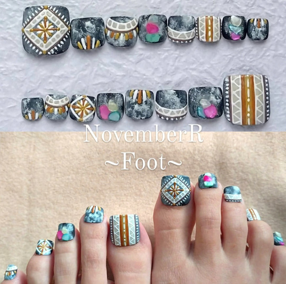 FA061⭐16枚入り⭐手書きアートのマットエスニックフットネイルチップ