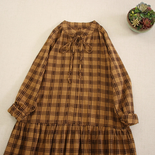 【美品】プランテーション　ワンピース・タータンガーゼ・チェック柄・23AW 美品】プランテーション ワンピース・タータンガーゼ・チェック