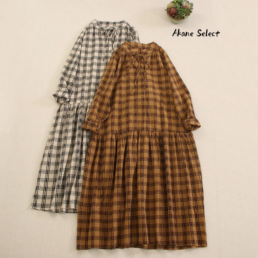 美品✨ 45R チェック柄 コットンロングワンピース ネイビー 0 Lace Ladies ワンピース ビッグカラー チェック柄 ドッキング