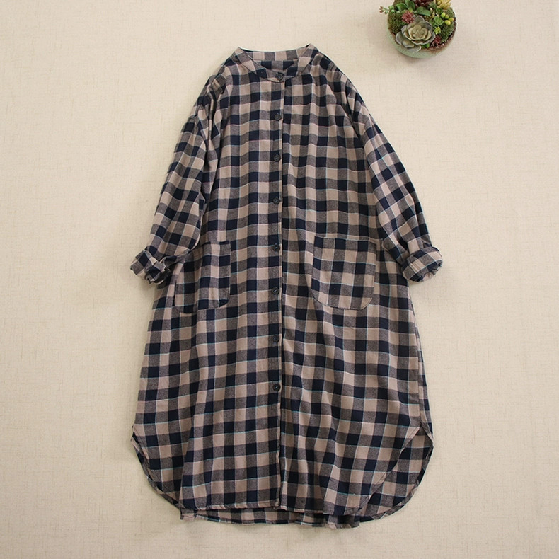 【長袖シャツワンピース★丸ネック】穏やかな２カラーチェック柄│ボタン│Aライン│カジュアルな森ガール風│O-74LB