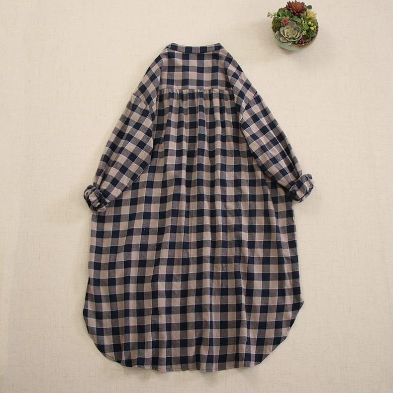 【長袖シャツワンピース★丸ネック】穏やかな２カラーチェック柄│ボタン│Aライン│カジュアルな森ガール風│O-74LB