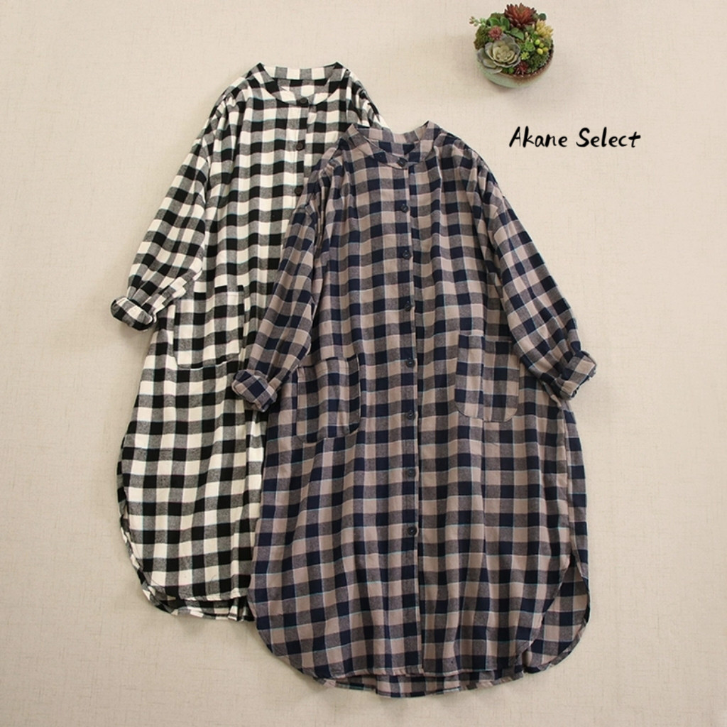【長袖シャツワンピース★丸ネック】穏やかな２カラーチェック柄│ボタン│Aライン│カジュアルな森ガール風│O-74LB
