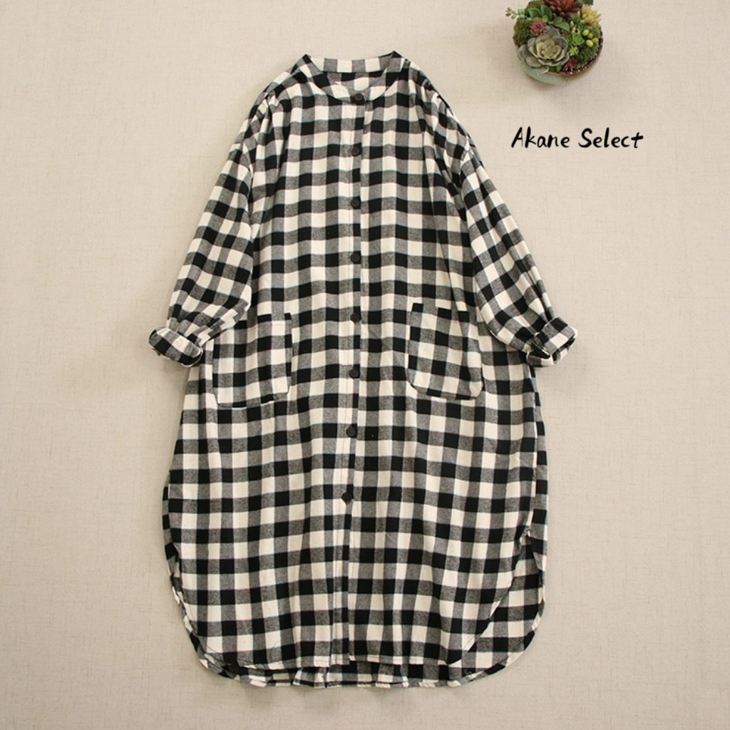 【長袖シャツワンピース★丸ネック】穏やかな２カラーチェック柄│ボタン│Aライン│カジュアルな森ガール風│O-74LB