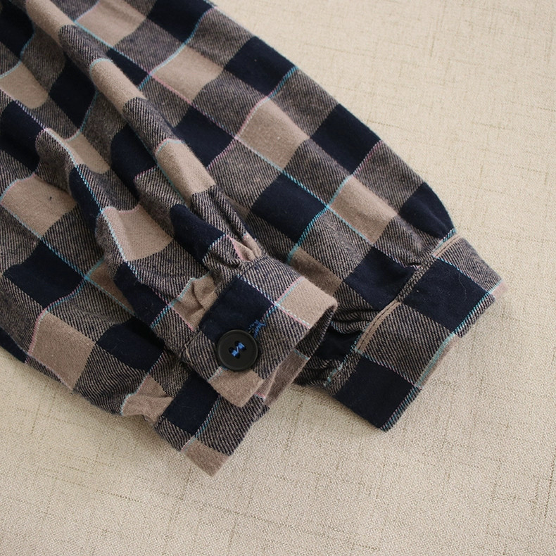 【長袖シャツワンピース★丸ネック】穏やかな２カラーチェック柄│ボタン│Aライン│カジュアルな森ガール風│O-74LB