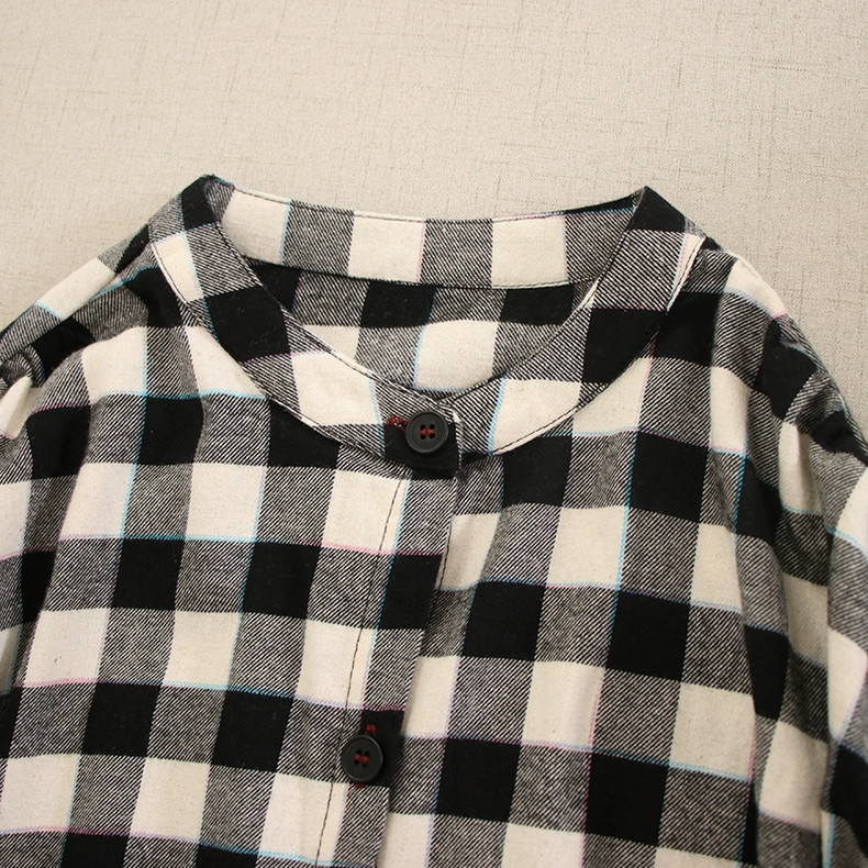 【長袖シャツワンピース★丸ネック】穏やかな２カラーチェック柄│ボタン│Aライン│カジュアルな森ガール風│O-74LB