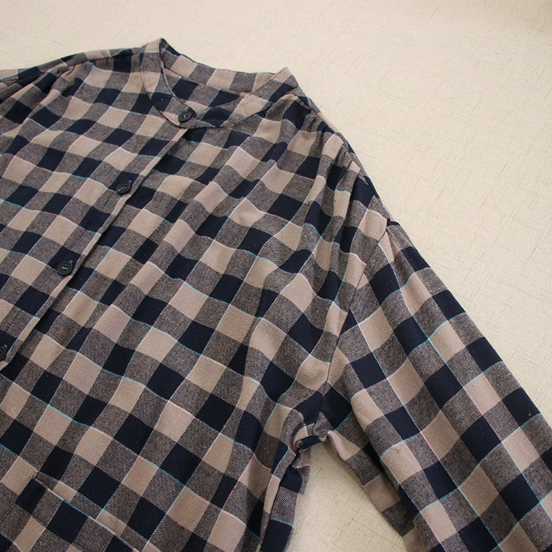 【長袖シャツワンピース★丸ネック】穏やかな２カラーチェック柄│ボタン│Aライン│カジュアルな森ガール風│O-74LB