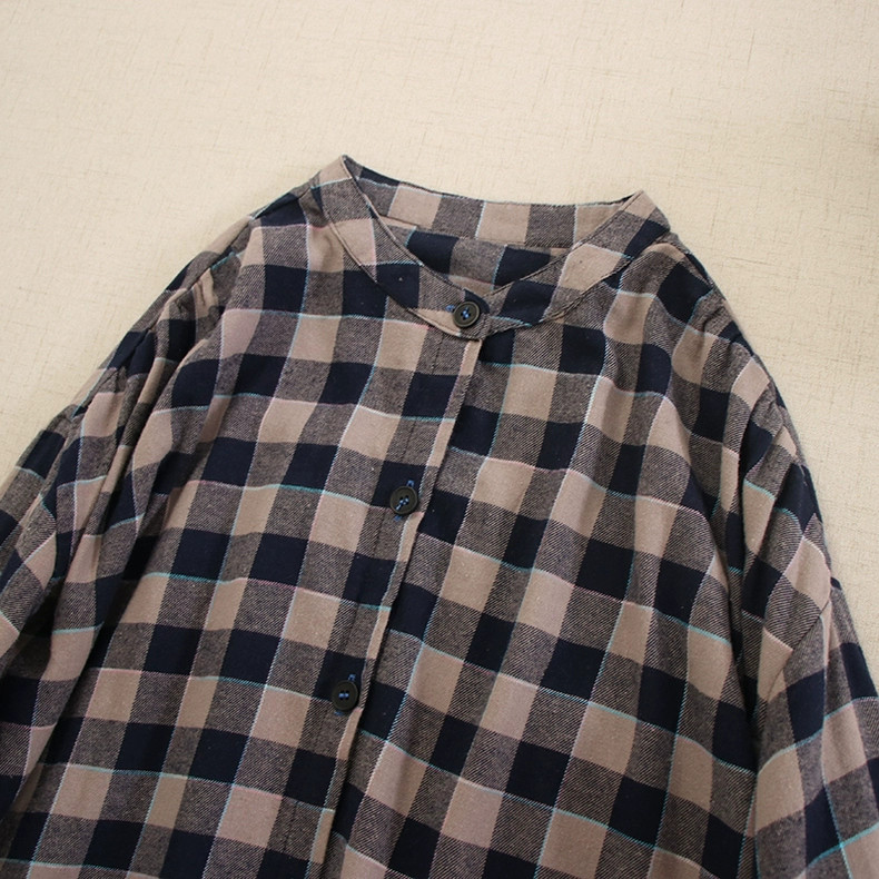 【長袖シャツワンピース★丸ネック】穏やかな２カラーチェック柄│ボタン│Aライン│カジュアルな森ガール風│O-74LB