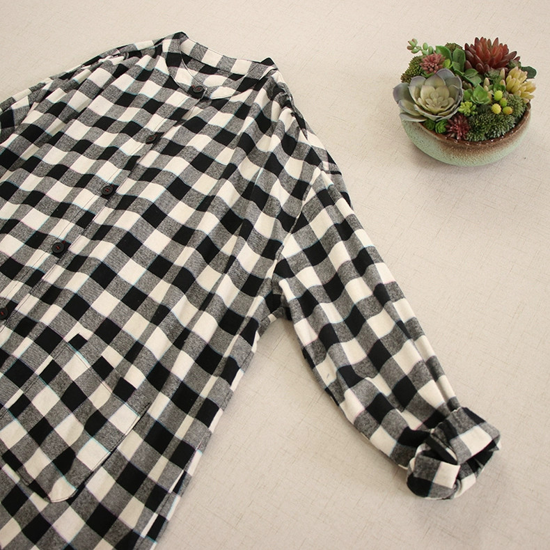 【長袖シャツワンピース★丸ネック】穏やかな２カラーチェック柄│ボタン│Aライン│カジュアルな森ガール風│O-74LB