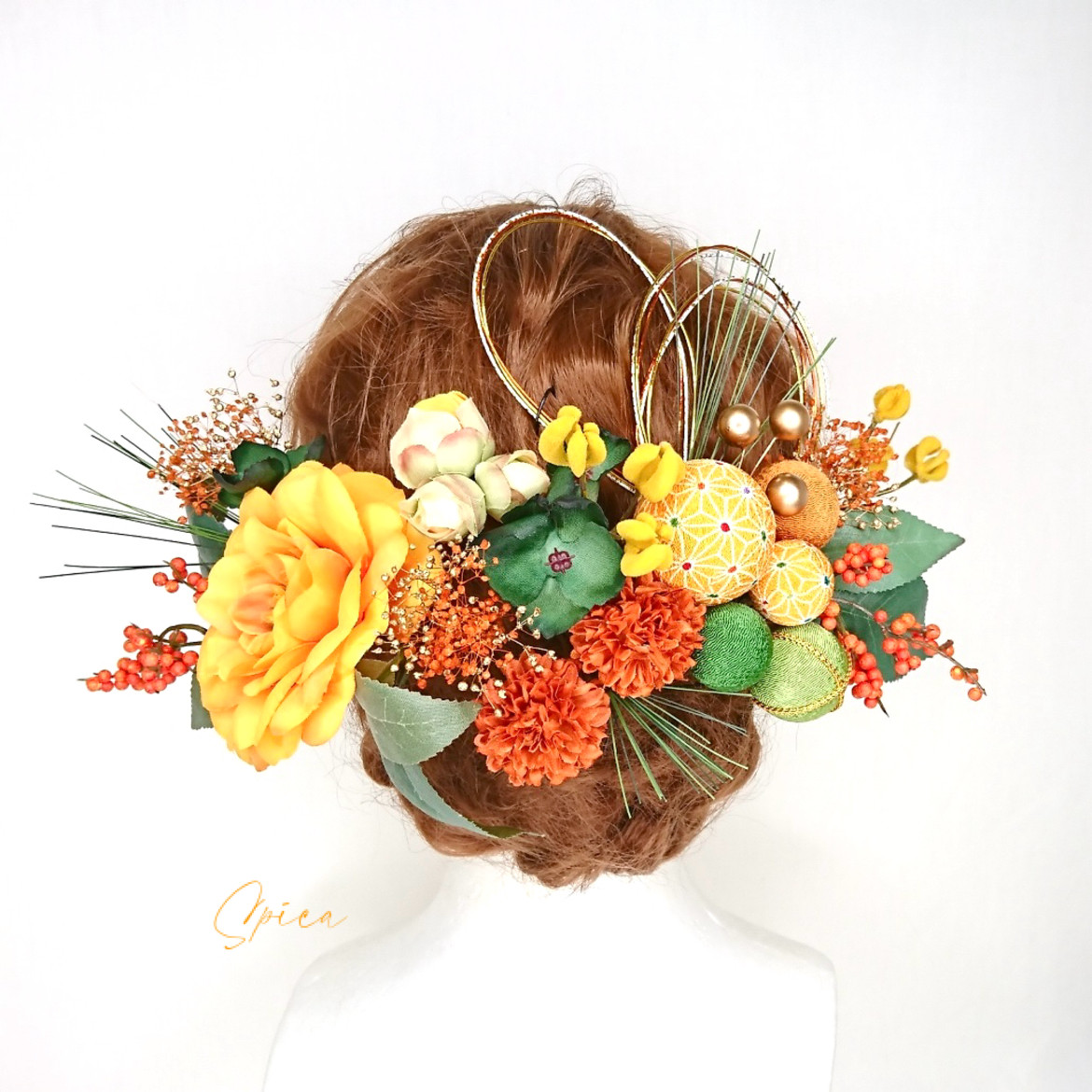 【一点限定】椿とちりめん和玉と松のヘッドドレス 髪飾り 成人式 卒業式 和装 打掛 七五三 袴 和ボール オレンジ 緑