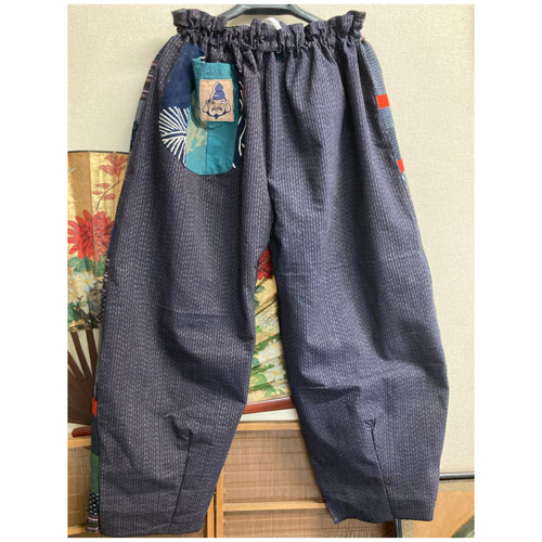 縞絣と絣のパッチワークパンツ 古布リメイク ロングパンツ 着物 