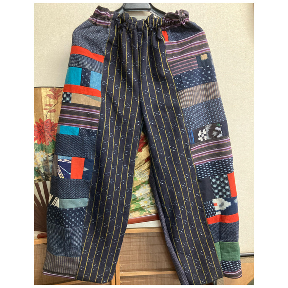 縞絣と絣のパッチワークパンツ 古布リメイク ロングパンツ 着物 