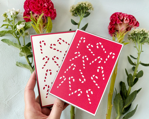 切り絵風 キャンディケーンのクリスマスカード 赤×白シリーズ・封筒付