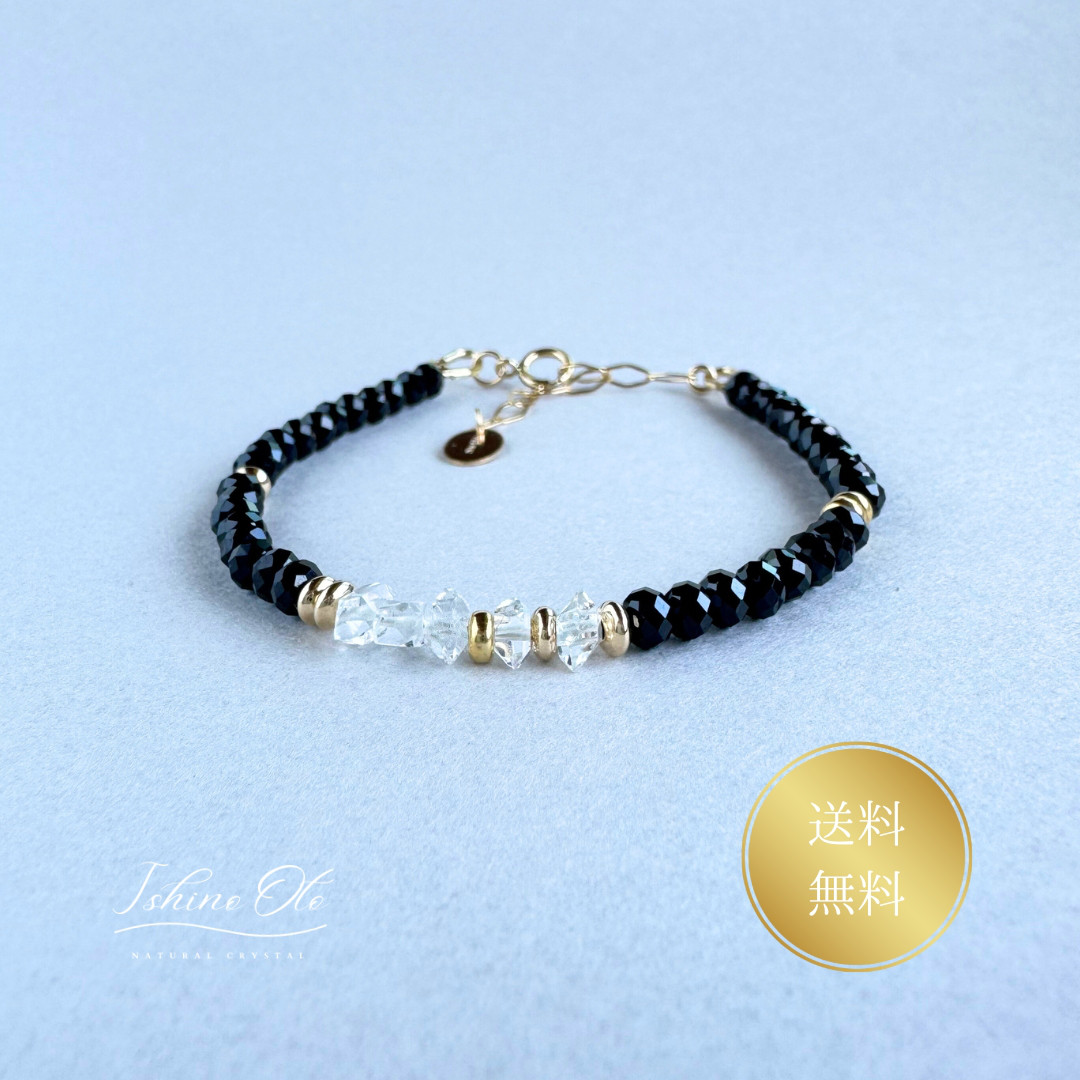 ブラックトルマリンとＮＹ産ハーキマーダイヤモンドのブレスレット/14KGF　秋の誕生石2025