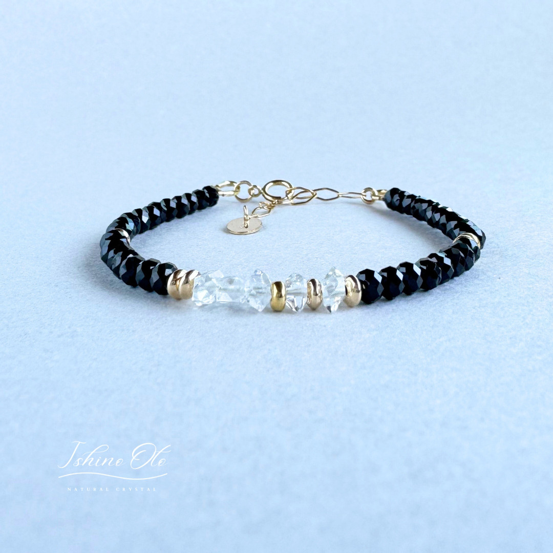 ブラックトルマリンとＮＹ産ハーキマーダイヤモンドのブレスレット/14KGF　秋の誕生石2025