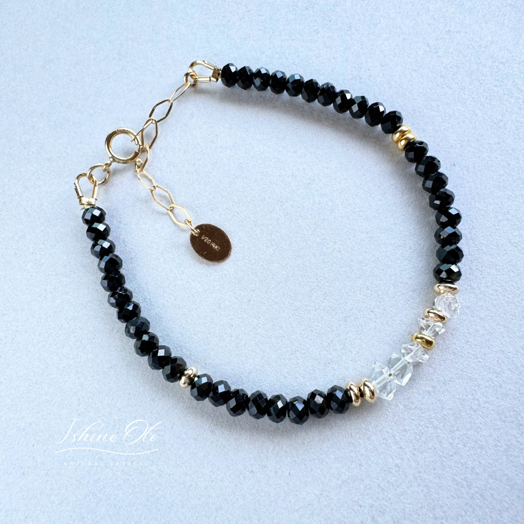 ブラックトルマリンとＮＹ産ハーキマーダイヤモンドのブレスレット/14KGF　秋の誕生石2025