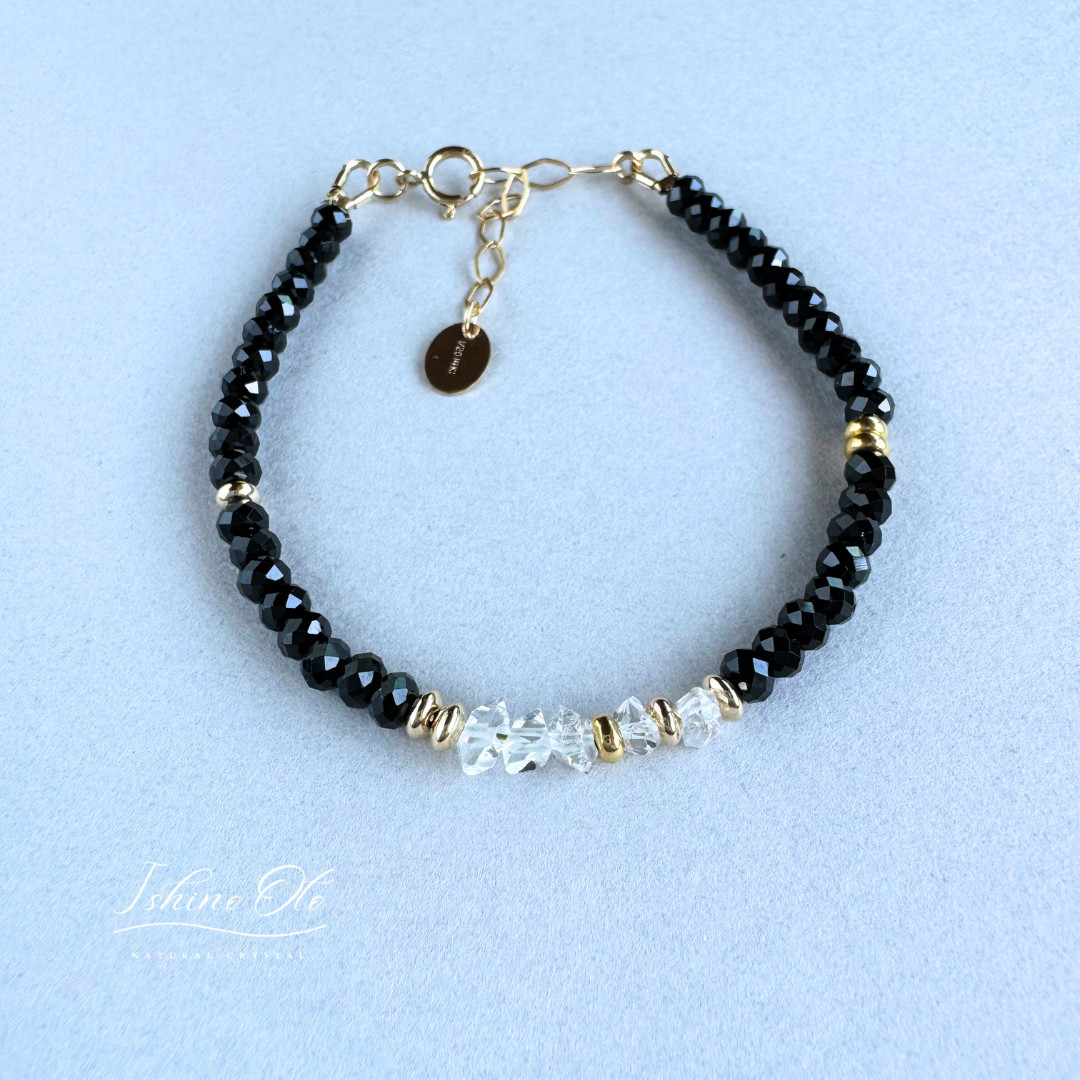ブラックトルマリンとＮＹ産ハーキマーダイヤモンドのブレスレット/14KGF　秋の誕生石2025