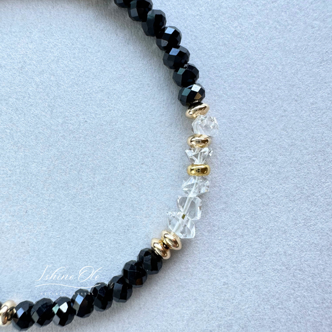 ブラックトルマリンとＮＹ産ハーキマーダイヤモンドのブレスレット/14KGF　秋の誕生石2025