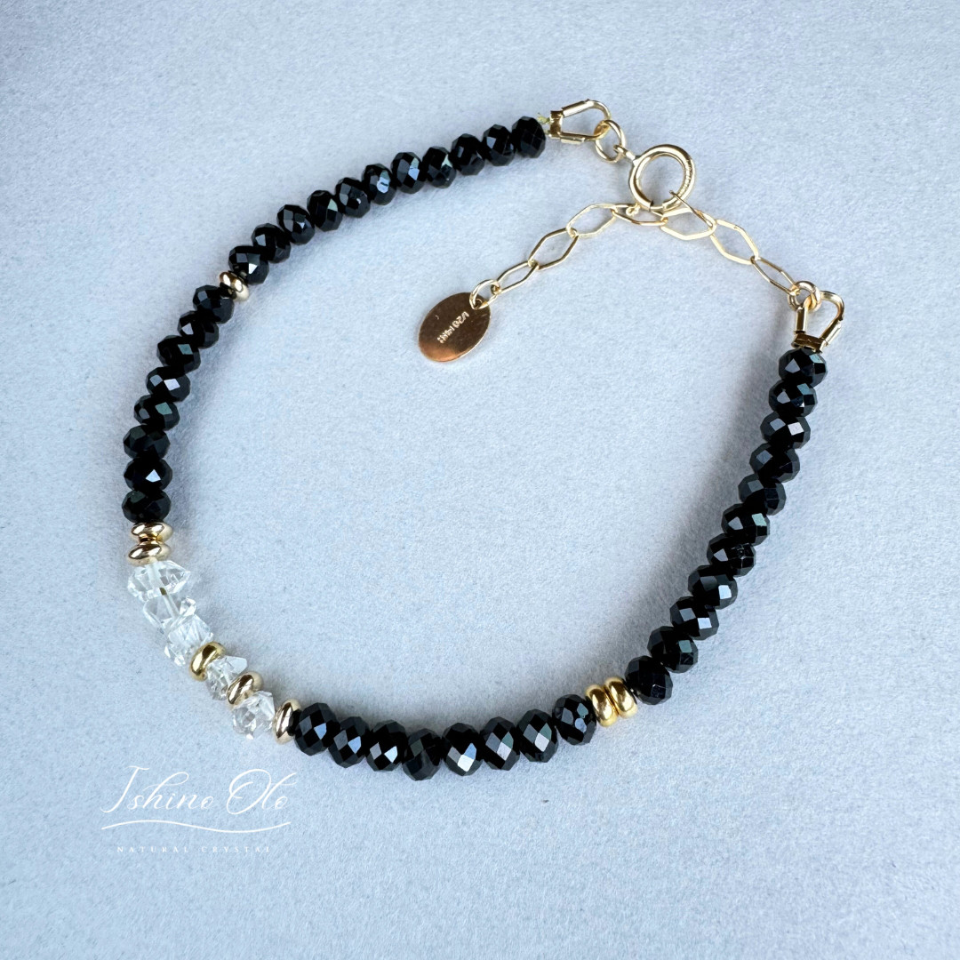 ブラックトルマリンとＮＹ産ハーキマーダイヤモンドのブレスレット/14KGF　秋の誕生石2025