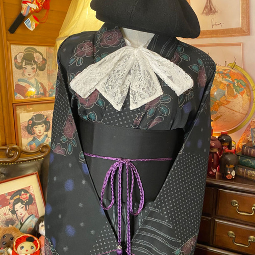 彩　着物リメイク♪ 袋帯と刺繍入り着物からロングワンピース❣️春らしいクリーム色 彩 着物リメイク♪ 艶やか袋帯と着物からロングワンピース❣️鶴