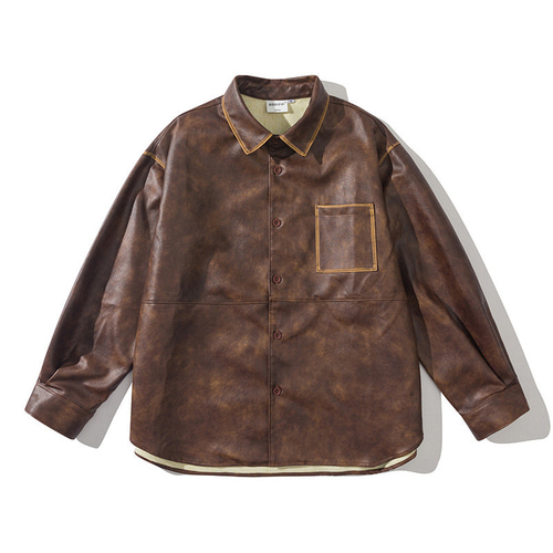 定価6.7万 ACANTHUS ブラウンレザーシャツ シワ加工 ラムレザー 定価