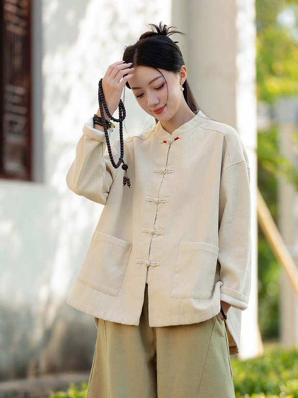 綿麻レディース 冬新作 立ち襟 中式復古 デザイン 盤ボタン 加厚