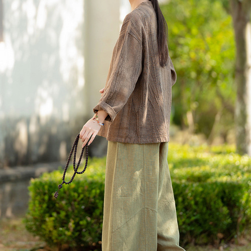 綿麻レディース 秋冬新作 立ち襟 砂洗 扎染 拼色 盤ボタン 長袖Tシャツ