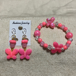 ブレスレット ・ イヤリング ・セット 346、キッズイヤリング&キッズブレスレットセット ピンク 花