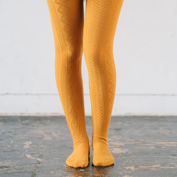 クリスマス限定 タイツ２足セット ウエストゴム調整 マタニティ対応　アランマスタード プランターチャコール 4枚目の画像