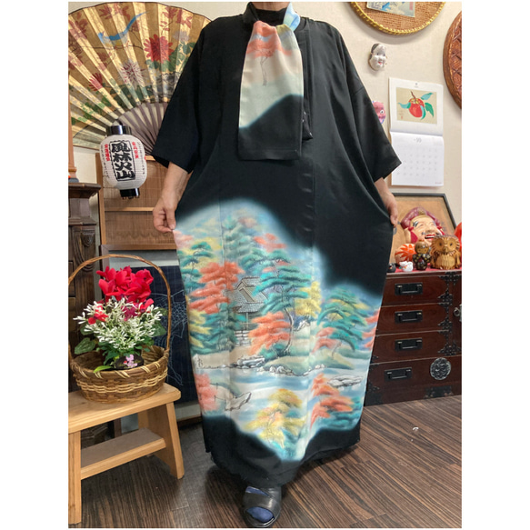 留袖の着物からのワンピース(ストール付き) 着物リメイク