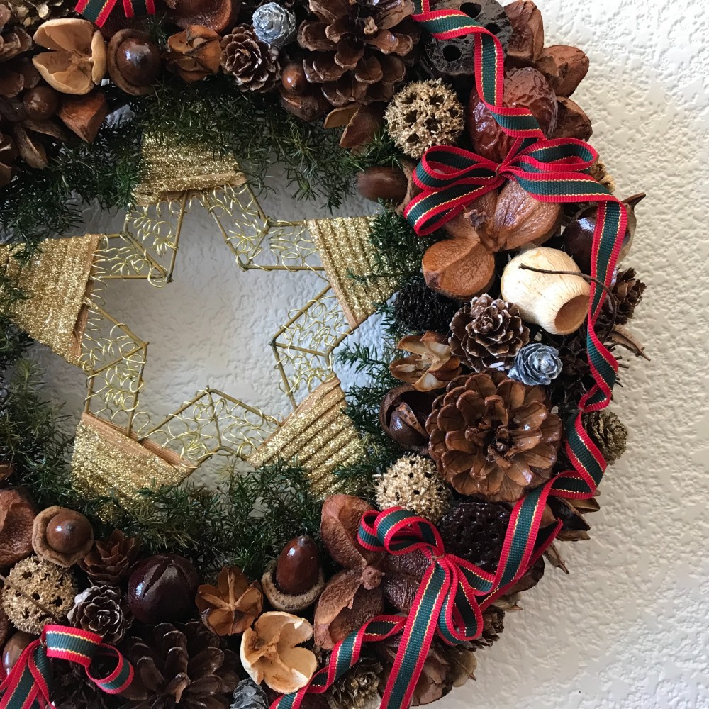 《X'mas》北欧の森の木の実とリボンのゴールドスター33cm（再販＊一点限定＊送料無料）