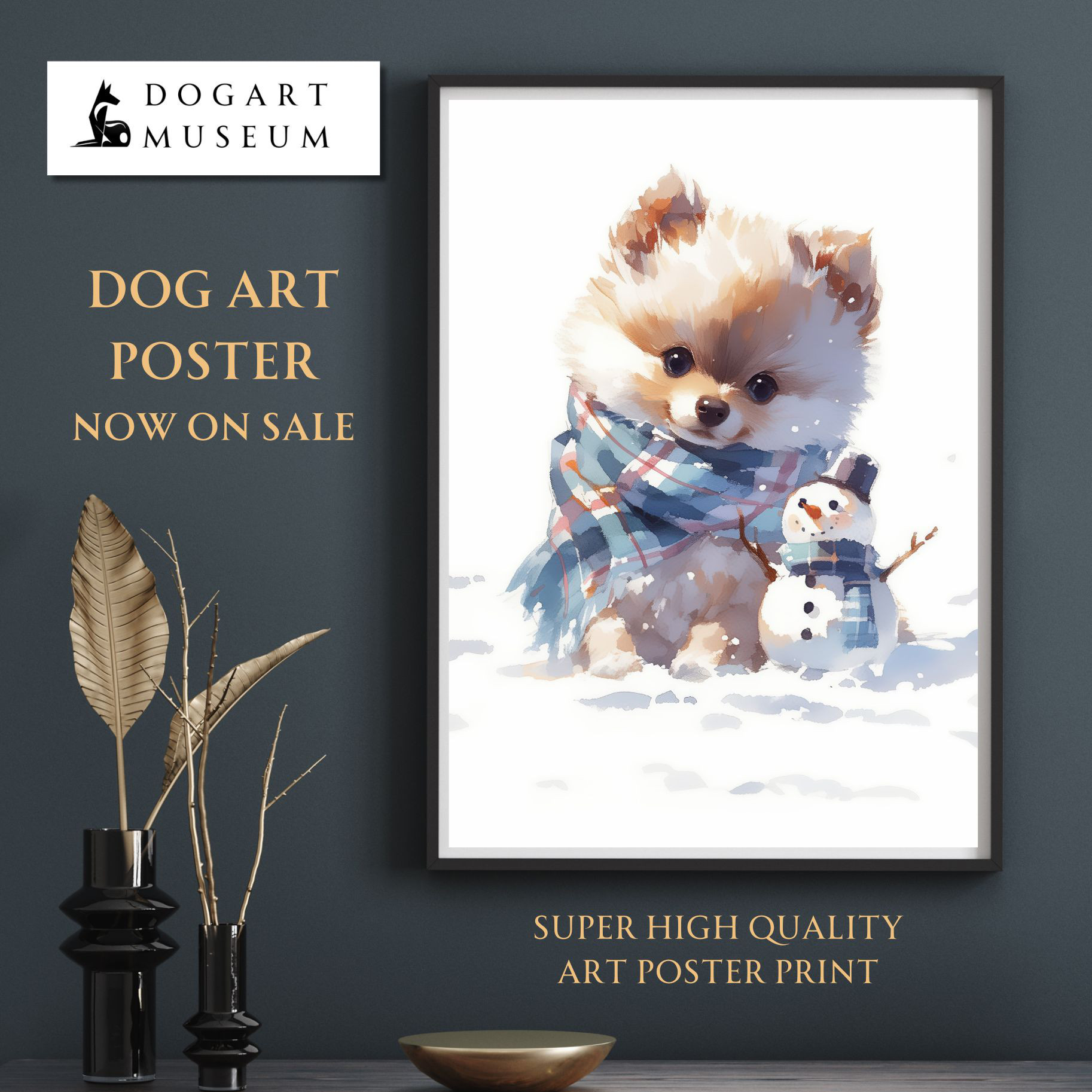 絵画。原画手描き【雪が降る冬、かわいい犬と猫の楽しい写真記念】
