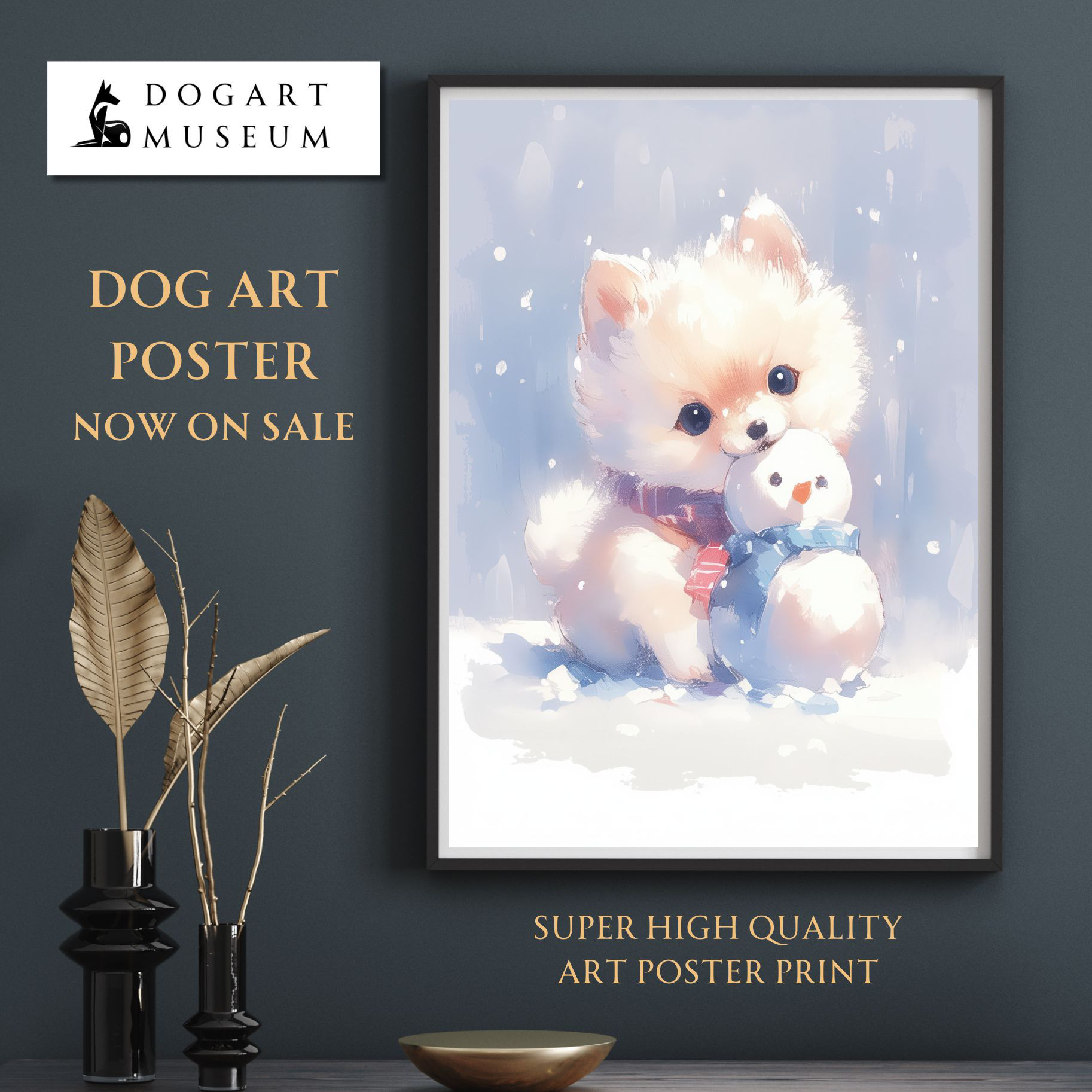 絵画。原画手描き【雪が降る冬、かわいい犬と猫の楽しい写真記念】
