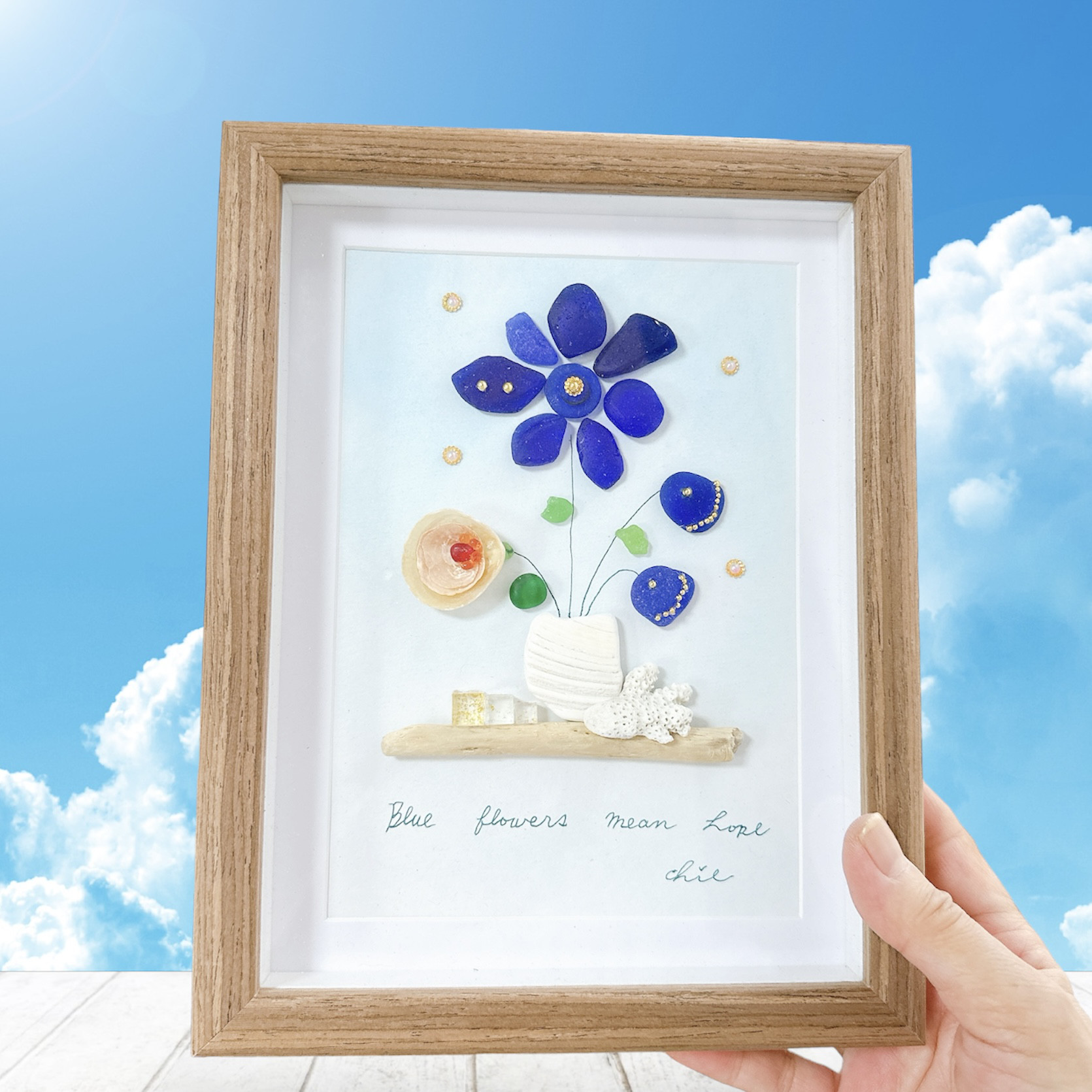 シーグラスアート　no.2 青の世界③ レアカラー　コバルトブルー　フラワー　花　インテリア　アート　プレゼント